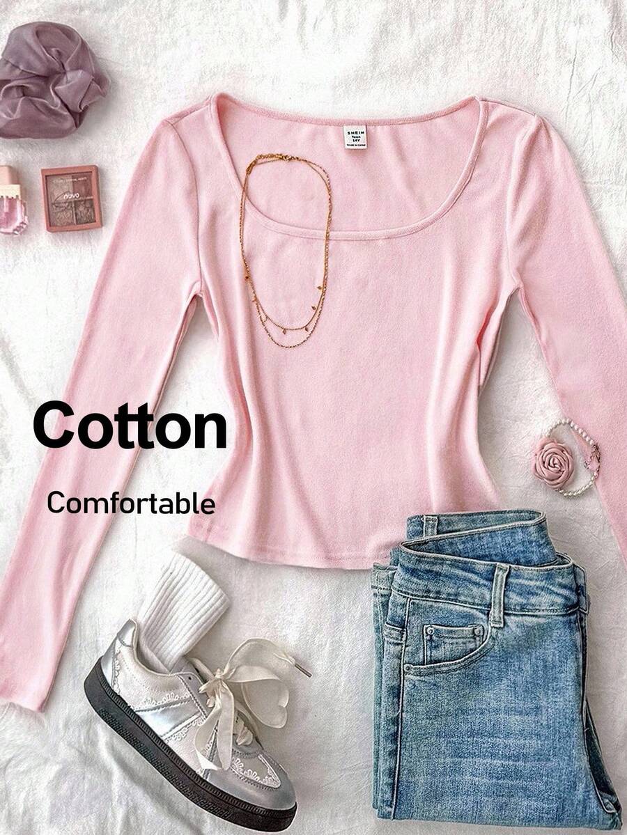 SHEIN Tween Girls T-Shirts Knit Solid Color Crew Neck Fitted Casual Clean Girl Cute Short Length Long Sleeve Farewell School Light Pink Summer - Pink - View 1