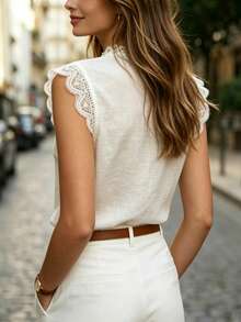 SHEIN Spring/Summer Lace Patchwork French Elegant High-End White Blouse Office - White - View 3