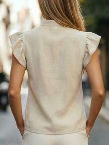 SHEIN Women's Solid Color Button-Up Blouse With Flutter Sleeves And Small Stand Collar, Elegant Fashion Versatile Vacation Date Summer 2026 New Top Shirt Khaki Daily Commute With Wooden Buttons - Khaki - View 2