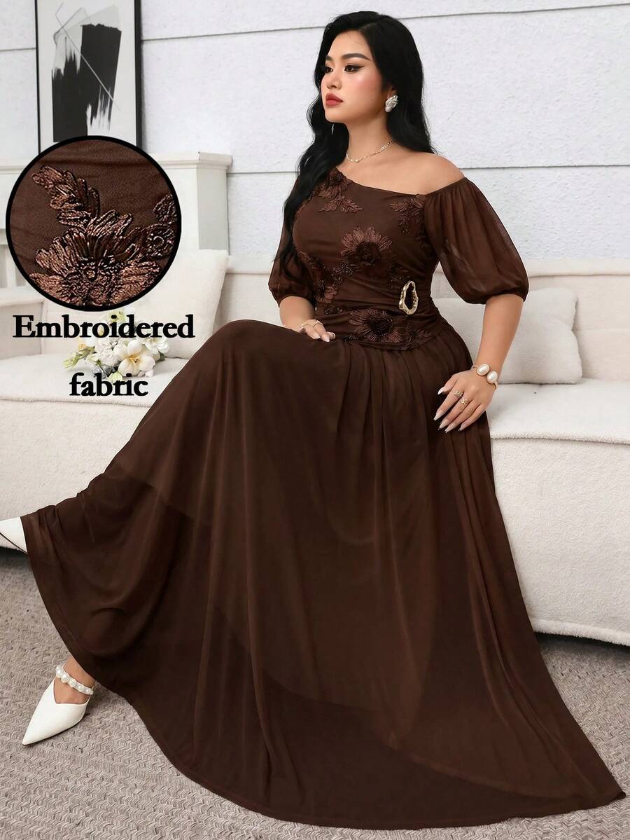 Modelyn Conjunto de 2 piezas casual para uso diario para mujer talla grande con top fruncido de hombro asimétrico con decoración metálica y falda de jacquard - Café integral - Ver 1