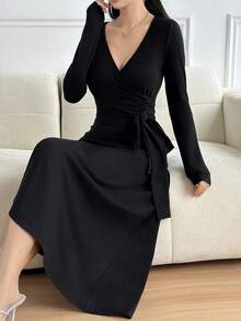 DAZY Women's Solid Color Tie Wrap Midi Dress - Black - View 2