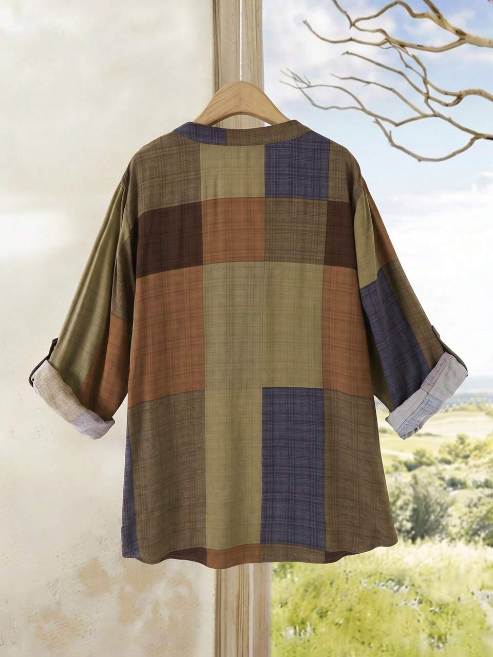 Plus Size Women's Colorblock Casual 1960s 90s Versatile Everyday Vacation Outing Shirt Autumn Dark Green