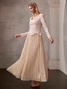 MOTF Soiréza ELEGANT WOMEN'S SQUARE NECK LONG SLEEVE BEADED CHIFFON PLEATED MAXI DRESS , WEDDING, PARTY - Champagne - View 5