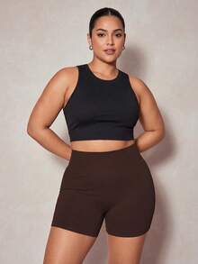 SHEIN Velisys 2 Peças Shorts Plus Size Preto & Marrom Escuro Tricotado Sem Costura Confortável Elástico Yoga Corrida Ciclismo Fitness Outdoor Cintura V Usável Novo Primavera Verão Outono Inverno - Preto - Visão 5