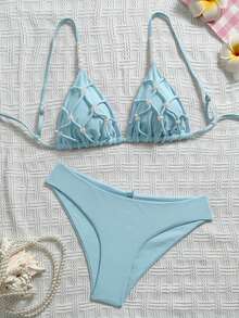 Swim Mod 女款手工串珠三角比基尼泳衣套裝，老錢風，性感海灘度假泳池派對泳裝，純色，春夏，百搭 - 淺藍色 - 查看 2