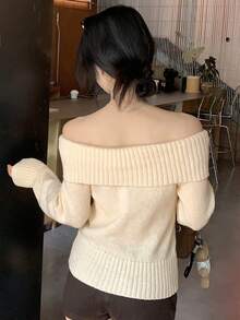 DAZY Women's Solid Color Off-Shoulder Casual Versatile Daily Long Sleeve Sweater Fall - Beige - View 2