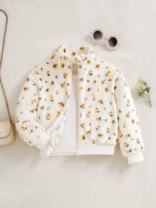 Elladie kids 少女甜美可愛復古黃色碎花法蘭絨拉鍊外套大衣，適合日常休閒出遊，春秋冬三季，返校季 - 黃色 - 查看 5