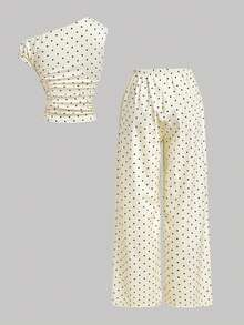 Skyraze Women's Polka Dot Pattern Asymmetrical Shoulder Ruched Top And Pants Fashion Set - Apricot - View 5