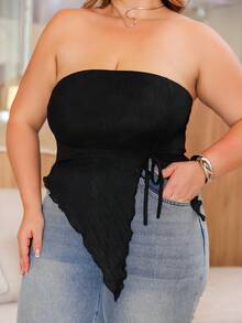 Wellenrocha New Spring/Summer Plus Size Women Apricot Asymmetric Drawstring Tie Camisole Tank Top, Wavy Texture Bandeau Crop Top, Sexy Cami, Y2K Style Black - Black - View 3