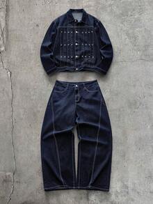 AXEPEAK Setelan Jaket Pria Lengan Panjang Berlipit dengan Kancing Depan dan Celana Jeans Longgar Berbahan Denim dengan Kancing Depan - Biru - View 3