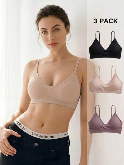 Liftille Set de 3 sujetadores casuales sin costuras y sin cables con diseño acanalado para mujeres