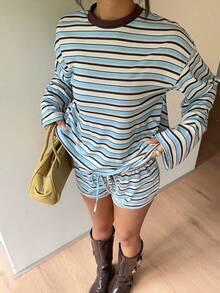 Aloruh 藍色條紋針織休閒女款兩件套 - 彩色 - 查看 6