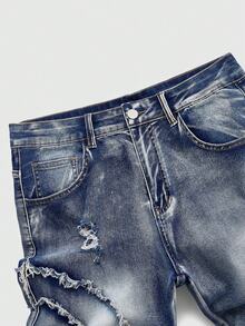 ROMWE MEN Street Life Men's Fashion Versatile Button Pocket Frayed Hem Streetwear Denim Jeans - Blue - View 3