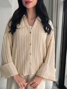 Solavon 女款休閒通勤純色襯衫 - 卡其色 - 查看 2