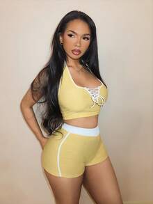 BamGleam 女款拼色前綁帶掛脖背心與短褲休閒兩件套 - 黃色 - 查看 2