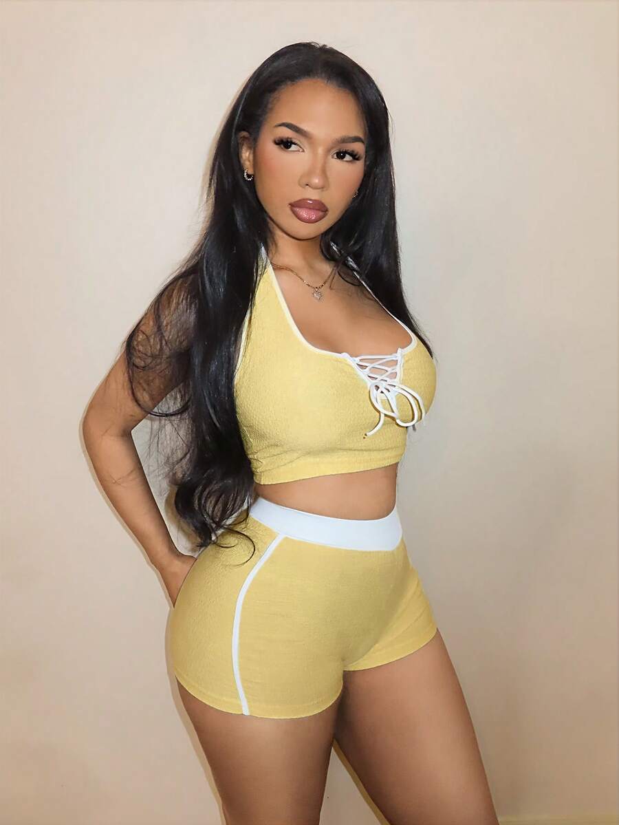 BamGleam 女款拼色前綁帶掛脖背心與短褲休閒兩件套