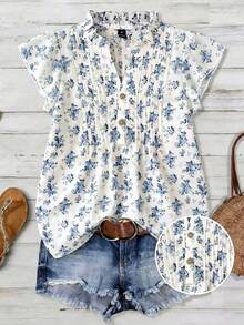 Franclia Plus Size Women Casual Safari Boho V-Neck Cap Sleeve Shirt With Ruffle Collar, Button Closure, Chest Stripe Design, White Summer Office Vacation - Blue and White - View 1