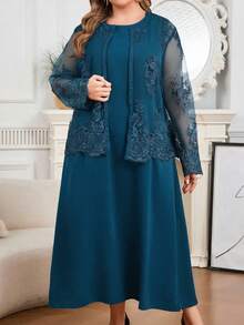 Modelyn 大尺碼女款花卉刺繡網紗長袖開襟上衣與洋裝優雅兩件套 - 藍色 - 查看 3
