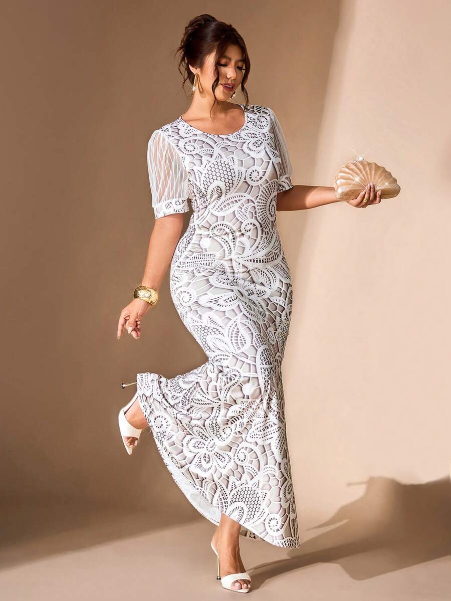 Cravure Women's Round Neck Lantern Short Sleeve Fitted Mermaid Elegant Party Plus Size Dress - White - View 1