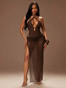 Radiana Conjunto de bikini marrón elegante y sexy para mujer, traje de baño de una pieza con decoración de anillo metálico y falda de malla transparente de 2 piezas, conjunto de bikini sexy, ropa de playa, conjunto de vacaciones, conjunto de cobertura de malla transparente, conjunto de cobertura de bikini sexy, conjunto de cobertura de traje de baño, conjunto de cobertura de playa, conjunto de vestido largo de playa, conjunto de traje de baño de vacaciones en isla, adecuado para playa, vacaciones, noche, fiesta, reunión, bar de playa, club náutico, look de vacaciones en isla, look sexy de playa, look de vacaciones, look de piscina - Marrón - Ver 1