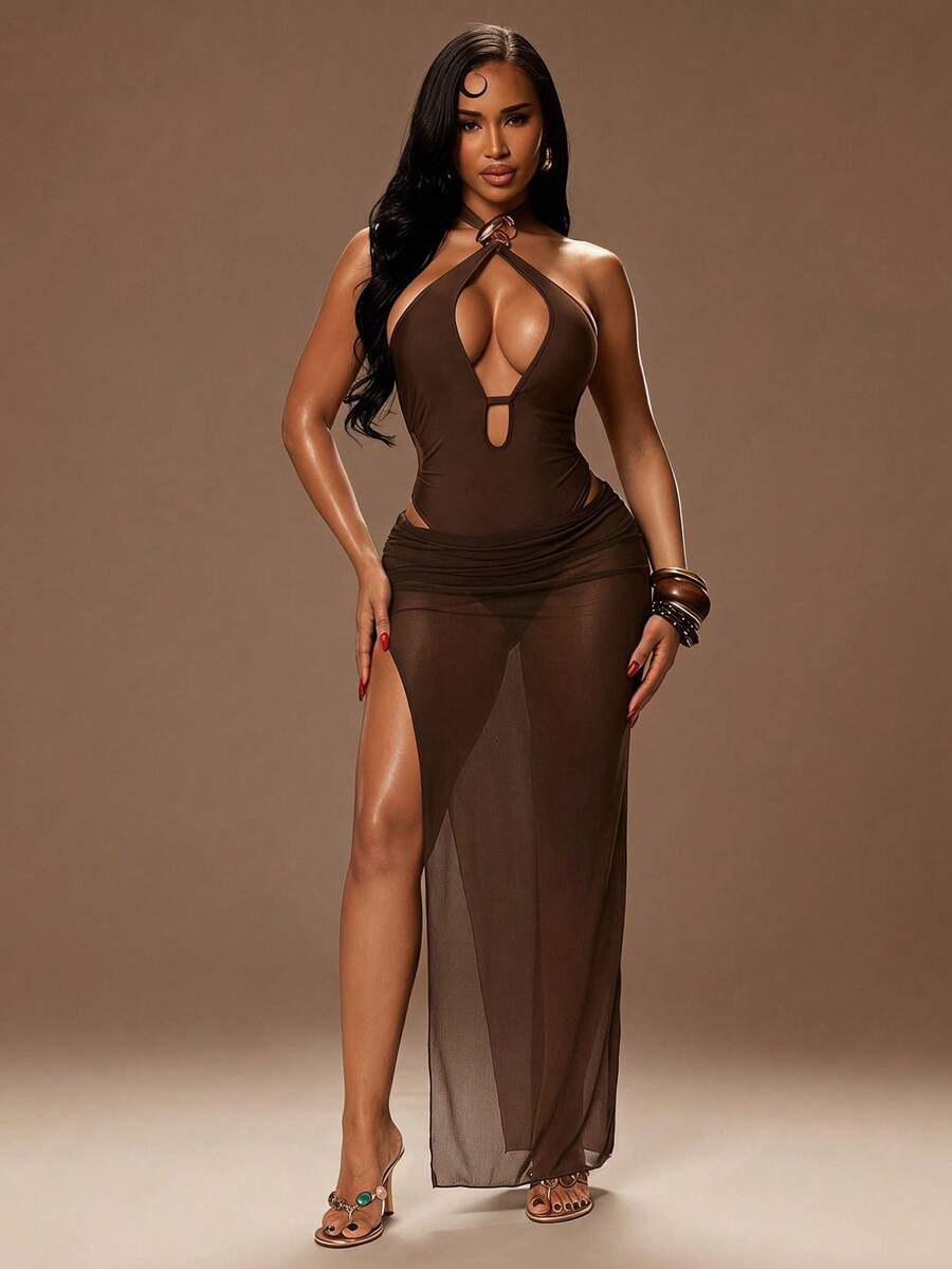 Radiana Conjunto de bikini marrón elegante y sexy para mujer, traje de baño de una pieza con decoración de anillo metálico y falda de malla transparente de 2 piezas, conjunto de bikini sexy, ropa de playa, conjunto de vacaciones, conjunto de cobertura de malla transparente, conjunto de cobertura de bikini sexy, conjunto de cobertura de traje de baño, conjunto de cobertura de playa, conjunto de vestido largo de playa, conjunto de traje de baño de vacaciones en isla, adecuado para playa, vacaciones, noche, fiesta, reunión, bar de playa, club náutico, look de vacaciones en isla, look sexy de playa, look de vacaciones, look de piscina - Marrón - Ver 1