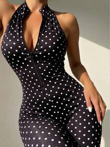 SHEIN SXY 波點印花性感掛脖拉鍊前襟緊身連身褲 - 黑與白 - 查看 4