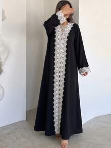 Yasmyna 女款黑色編織長袖白色水溶性蕾絲拼接優雅浪漫阿拉伯式長袍 - 黑色 - 查看 8