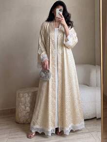 Yasmyna Abaya árabe para mujer color albaricoque tejida con estampado de leopardo, manga larga, ribete de encaje, conservadora, elegante y romántica - Albaricoque - Ver 5