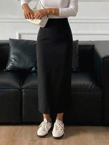 DAZY Women's Solid Color Elegant Work Wear Straight Slit Skirt,Pencil Skirt Fall Skirts - Black - View 9