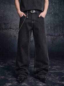 Manfinity ZONE917 Men's Geometric Pattern Pocket Straight Leg Casual Jeans Going Out Hang Out Commute Vacation Street, Grunge - Black - View 4