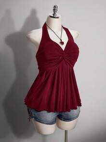 SHEIN ICON 女款大尺碼春夏復古性感極簡休閒時尚個性現代都市通勤上班雞尾酒會 Y2K 心形領口酒紅色 - 酒紅色 - 查看 5
