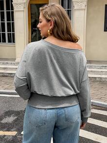Easura Plus Size Women Solid Color Casual Versatile Daily Wear Long Sleeve Sweatshirt Fall - Grey - View 2
