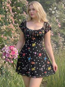 SHEIN MOD Vestido corto de mujer talla grande con estampado floral y de lunares, vestido con mangas con volantes y lazo delantero, vestido de lunares, vestido de verano para mujer, romántico, encantador, vestido de invitada de boda, vestido de fiesta para mujer, vestido de playa, elegante, vestido negro, vestido de gala formal, graduación, estilo vintage francés, retro - Negro - Ver 7