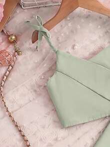 SHEIN Elladie kids 女童時尚蝴蝶結西裝背心與西裝長褲2件套，適合日常穿著、度假、夏季 - 薄荷綠 - 查看 6