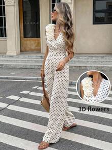 SHEIN Frenchy Women's Polka Dot Pattern Overlap V-Neck Sleeveless Elegant Jumpsuit - Multicolor - View 9