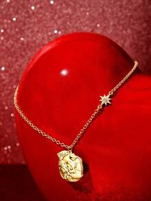 Betty Boop x SHEIN New Creative Cartoon Pattern Printed Pendant Necklace, IP Joint Design, Lovely Personalized, Simple And Generous, Can Also Be Used As Accessories, Suit - Gold - View 5