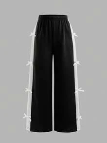 Tween Girls High Waist Summer College Style Casual Cute Sports Knitted Bowknot Decor Straight Leg Sweatpants Long School Black And White Striped - Black - View 3