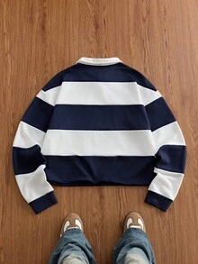 SWAVVY 男士字母印花拼色休閒通勤短袖 Polo 衫 - 藍色 - 查看 5