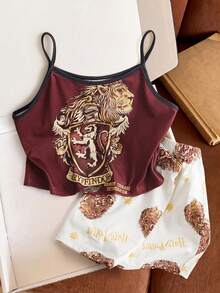 HARRY POTTER X SHEIN 2pcs Fun Casual Style Tween Girl Camisole Top And Shorts Comfortable 2 Pieces Loungewear Set - Multicolor - View 3