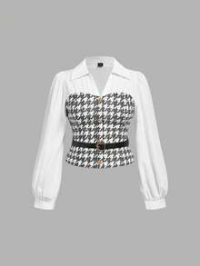 SHEIN MOD 大尺碼女款拼接千鳥格長袖單排扣優雅襯衫 - 黑與白 - 查看 3