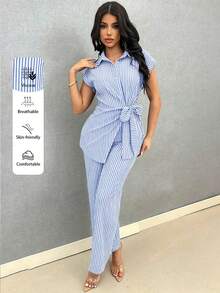 SHEIN Holidaya Blue And White Stripe Striped Bow-Tie Front Shirt And Straight Leg Pants 2-Piece Set For Women Vacation Summer Coastal Elegant - Blue and White - View 3