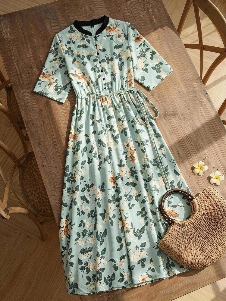 mint green floral midi dress Rusticease Women's Print Short Sleeve Button Side Tie Waist Casual Cottage Core Vintage Tropical Boho Summer Elegant Party Vacation Beach mint dress