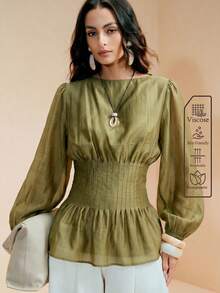 Arave Women's Solid Color Round Neck Lantern Sleeve Cinched Waist Ruffle Hem Blouse Office Work Brunch Olive Green Fall Elegant French - Green - View 1