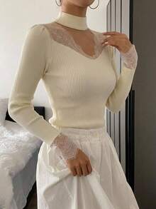 DAZY Women Lace Splice Hollow Out Slim Fit Long Sleeve Sweater, White, Spring/Autumn,Fall Women Clothes - White - View 13