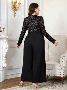 Reflora Mono de talla grande con patchwork de encaje y decoración de strass para otoño - Negro - Ver 3