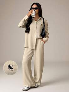 SHEIN PETITE Conjunto casual de camisa de manga larga y pantalones de caballero con bordado tejido en color albaricoque para mujeres petite - Albaricoque - Ver 7