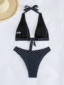 Swim Vcay 新款女款純色泳衣套裝 掛脖綁帶式露背海星裝飾高腰三角比基尼兩件式海灘度假泳裝 - 彩色 - 查看 2