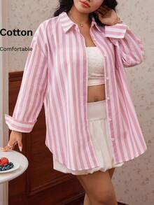 CovetEZ Spring/Summer New Pink Striped Casual 90s Business Plus Size Shirt With Pockets Graduation Back-To-School Date Night Office - Multicolor - View 1