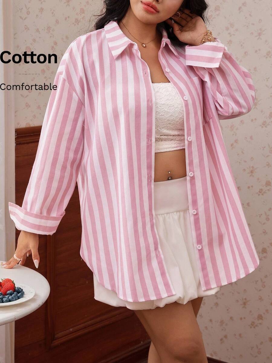 CovetEZ Spring/Summer New Pink Striped Casual 90s Business Plus Size Shirt With Pockets Graduation Back-To-School Date Night Office - Multicolor - View 1