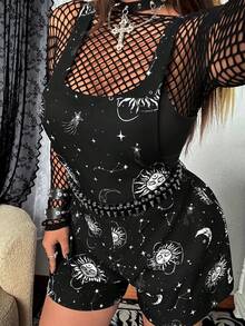 Whyspr Plus Size Casual Gothic Style Skull Print Jumpsuit Comfortable Casual Overall Shorts Spring Summer - Black - View 1